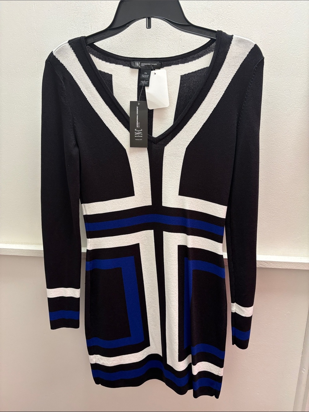 INC International Concepts Black White & Blue Geometric V-Neck Dress- NWT